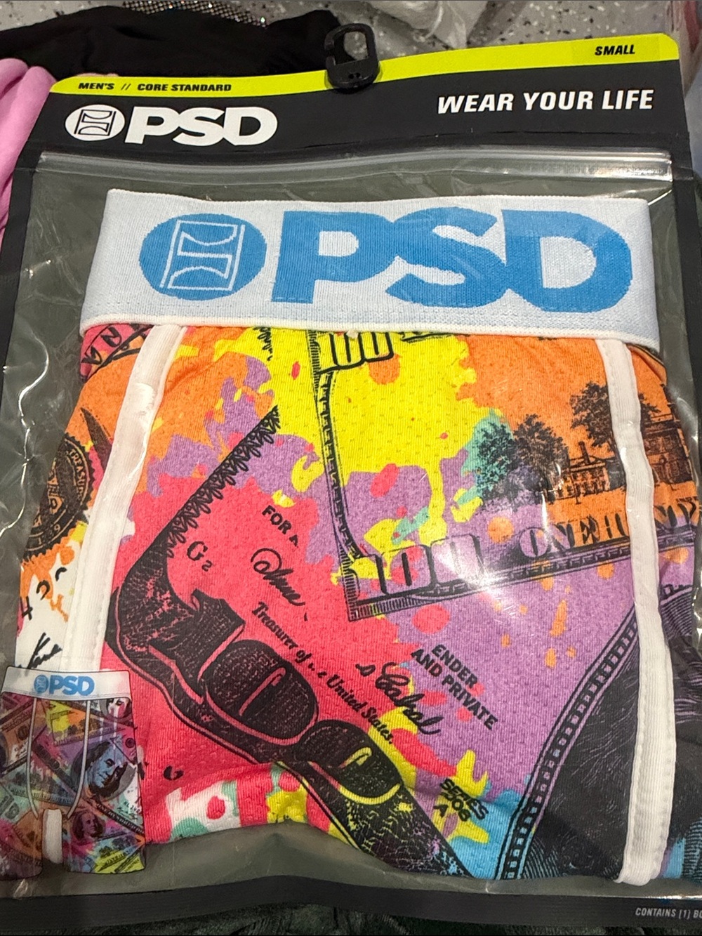 PSD Men’s Multicolor Money Print Boxer Briefs with White Waistband